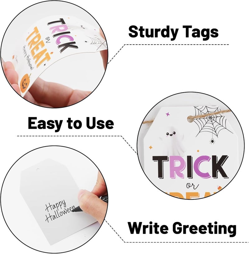 Alynta Halloween Tags with String - 50Pcs Happy Halloween Paper Gift Tags Trick or Treat Tag Pumpkin Ghost Name Tag Labels for Goodie Bags Gift Wrapping Halloween Decorations (White) - Image 3